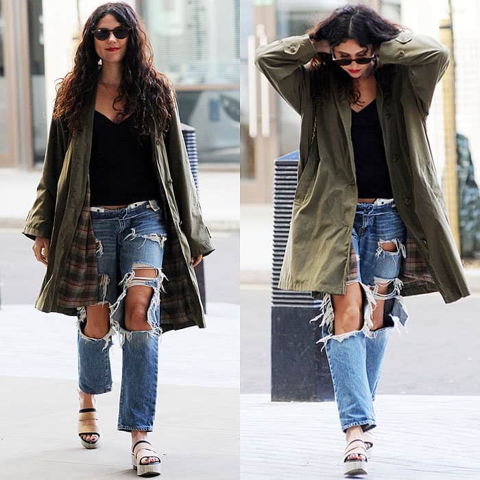Eliza Doolittle heads to BBC Radio One in London on September 16, 2013, rocking heavily ripped jeans and strappy slide sandals for a relaxed yet rebellious street style moment