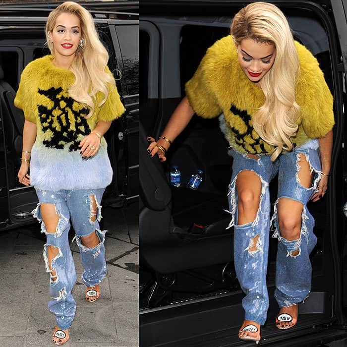 Rita Ora makes a bold entrance at Global Radio in London on March 28, 2014, wearing ultra-distressed jeans and cheeky "Talk" and "Walk" Sophia Webster sandals that steal the show