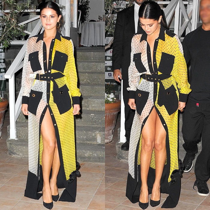 Selena Gomez turns heads in a daring yellow-and-black polka-dot Emanuel Ungaro dress with a thigh-high slit at the 2014 Ischia Global Film Music Festival in Italy