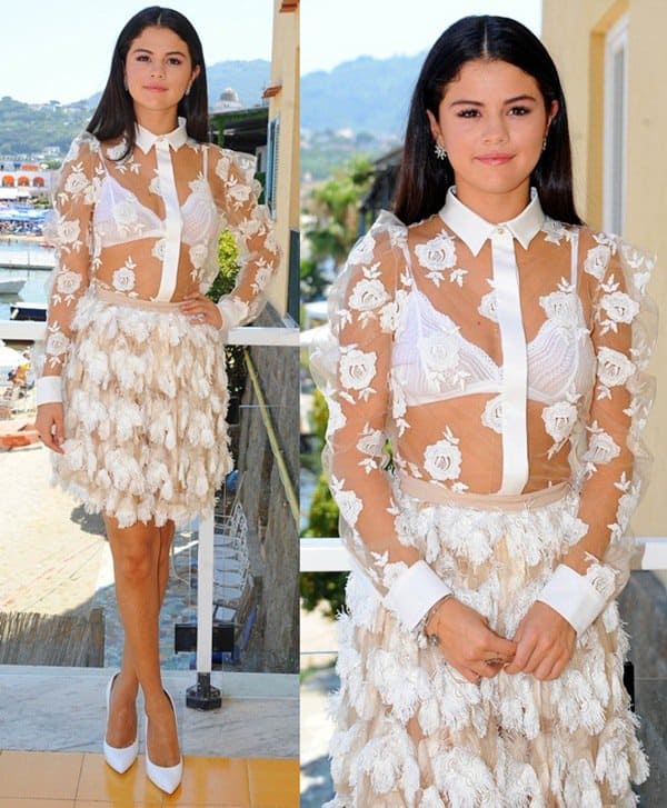 Selena Gomez stuns in a sheer Bluemarine outfit paired with Casadei pumps at the Ischia Global Film and Music Festival