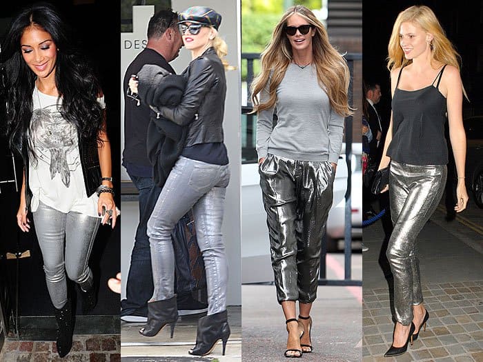 Nicole Scherzinger, Gwen Stefani, Elle Macpherson, and Lara Stone all rock chic metallic jeans with their unique styles