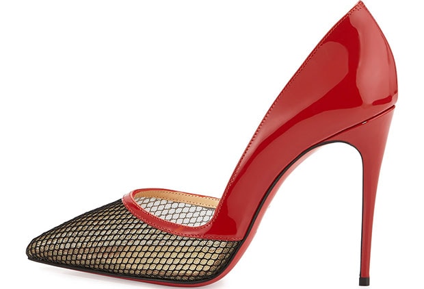 Christian Louboutin’s “Miluna” pumps combined glossy red patent leather with fishnet mesh panels, turning the classic pointed-toe silhouette into a sharper, sportier statement heel