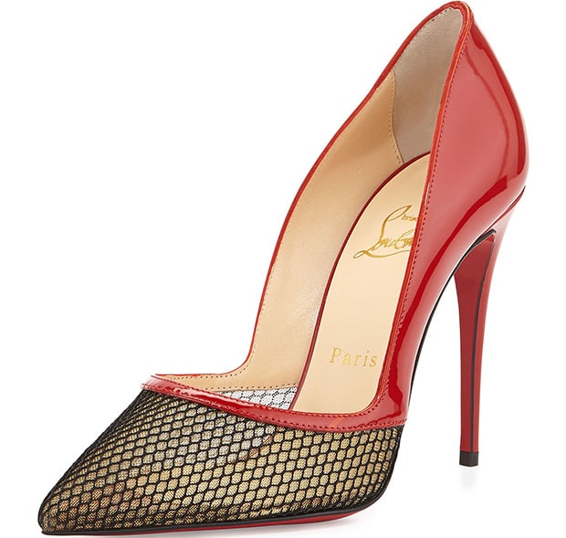 Christian Louboutin’s “Miluna” pumps combined glossy red patent leather with fishnet mesh panels, turning the classic pointed-toe silhouette into a sharper, sportier statement heel