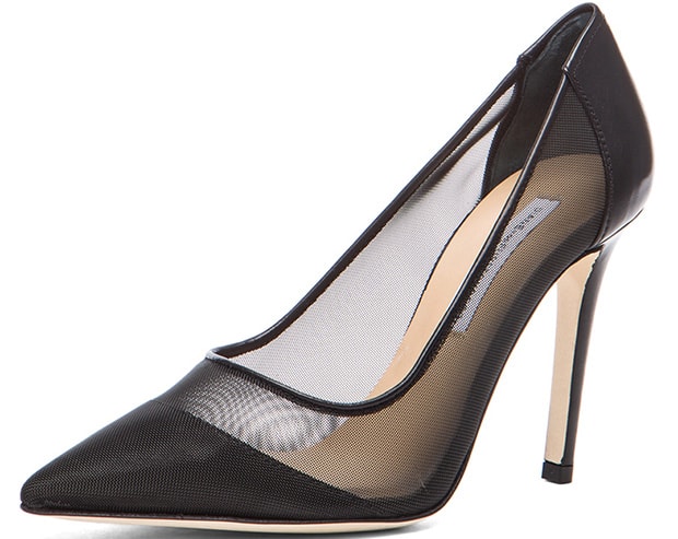 Diane von Furstenberg’s Bianca pumps feature a sleek pointed toe, sheer mesh panels, and tonal leather trim, finished with a slender stiletto heel for a modern take on a classic silhouette