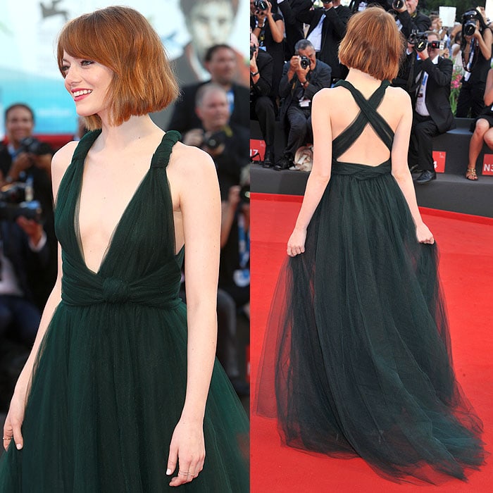 More angles of Emma Stone's new hairdo and Valentino fall 2014 couture tulle gown at the Birdman premiere