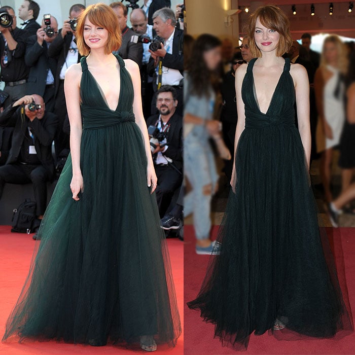 Jimmy Choo Xenia sandals peeking out from the hem of Emma Stone's gown