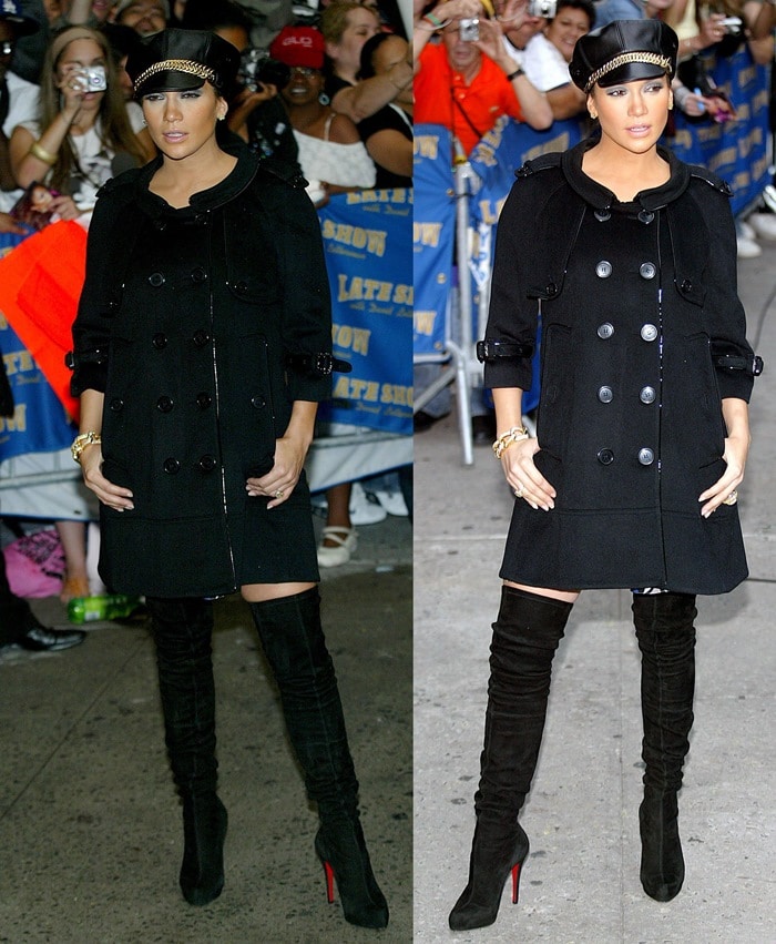 Jennifer Lopez, pregnant with twins, stepped out in style outside the Ed Sullivan Theatre for the Late Show With David Letterman in New York City on October 9, 2007, wearing a chic black coat paired with thigh-high Christian Louboutin boots and a statement chain-accented hat
