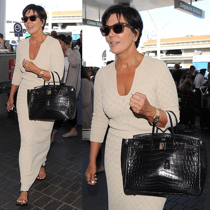 Kris Jenner's traveling outfit in brown and cream tones accented with black