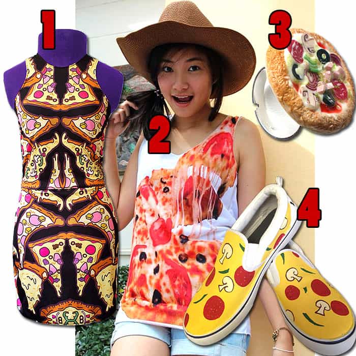 1. 100SugarFree’s graphic pizza-print dress channels the playful novelty-fashion trend that dominated parts of mid-2010s street style. / 2. IndiePunkRock’s sleeveless pizza-print top pairs oversized food graphics with casual summer styling. / 3. SilviaOrtizDeLaTorre’s miniature pizza ring turns comfort food into a quirky statement accessory. / 4. DweidiggCreations’ custom-painted pizza slip-on sneakers bring the trend to footwear with cartoon-inspired toppings and bright yellow uppers