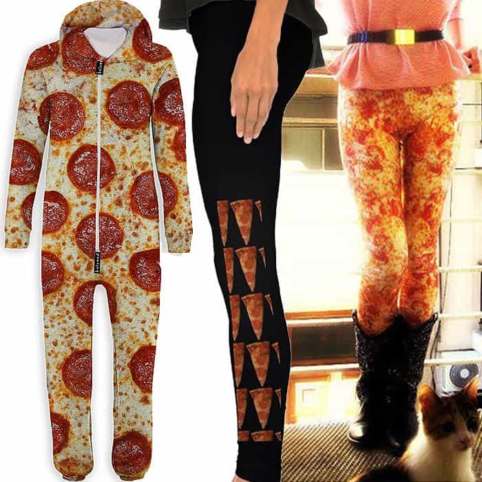 Pizza-themed fashion pieces from the mid-2010s novelty trend include the Beloved “Pizza Belovesie” hooded jumpsuit, pizza-slice cutout leggings from Candykerosene, and all-over pizza-print leggings from Etsy seller Eatmeclothing