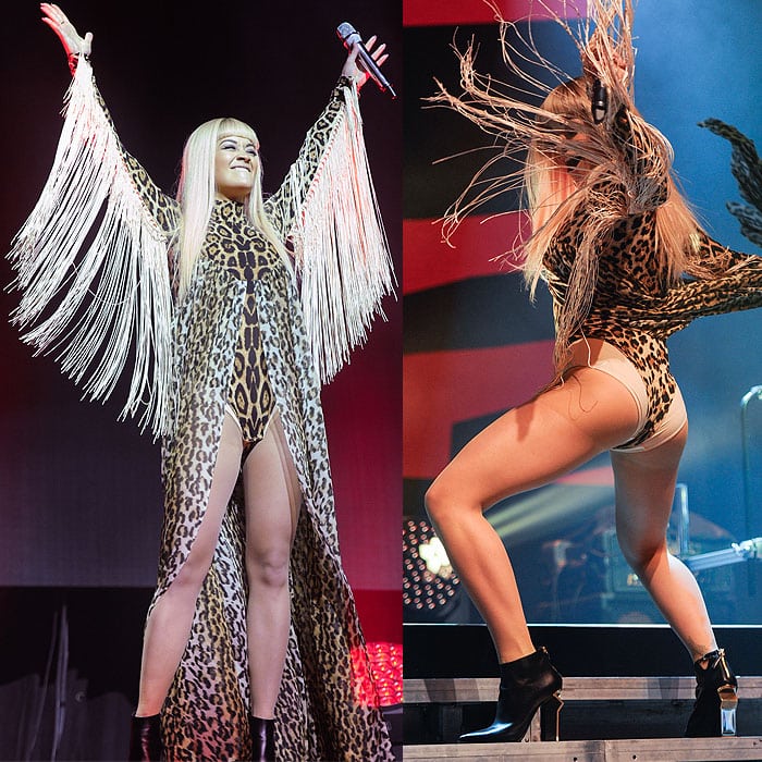 Rita Ora performing in a leopard-print leotard
