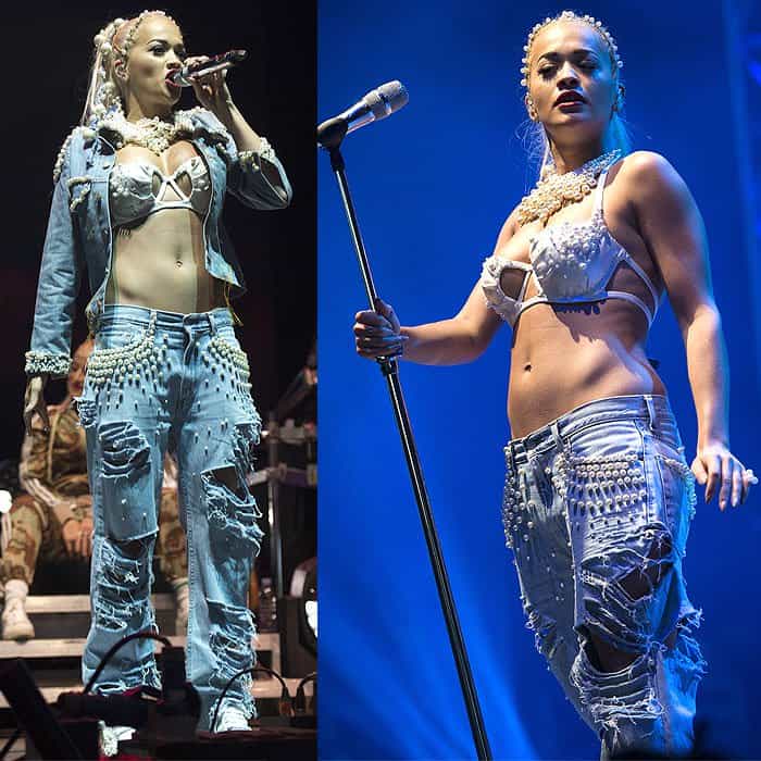 Rita Ora wows the crowd in a pearl-embellished double denim outfit at the 2014 V Festival