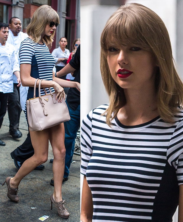 Taylor Swift, in a stunning striped bodycon dress from the beloved high-street brand Topshop, heading to a studio in New York City