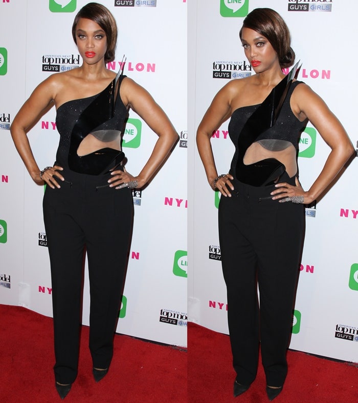 Tyra Banks attends the America's Next Top Model Cycle 21 premiere party in Hollywood wearing an all-black ensemble by designer Alon Livné, completed with a pair of pointy-toe pumps