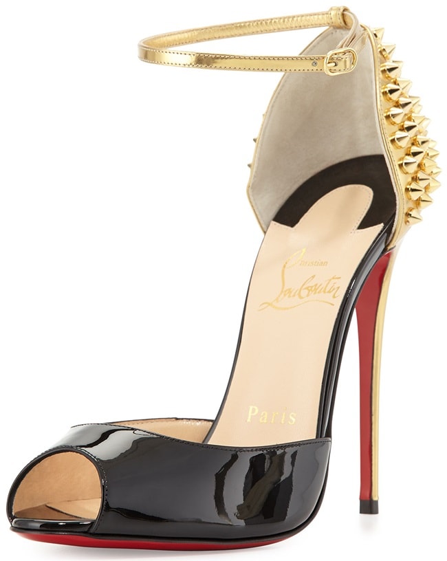 Christian Louboutin "Pina Spike" Patent Metallic Open-Toe Sandals in Black/Gold