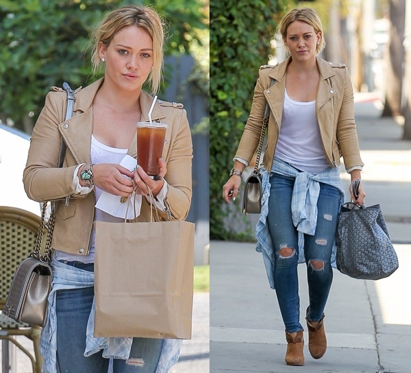 Hilary Duff in a tan leather jacket, a plaid chambray "Liam" shirt by Rails, and ripped skinny jeans by Rag Bone