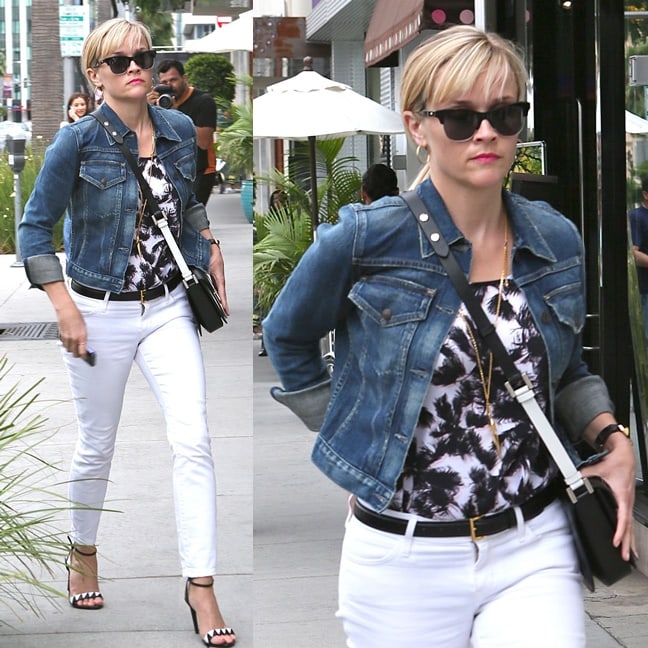 Reese Witherspoon shows how to elevate a black-and-white outfit with a classic Borderline denim jacket and strappy heels for a chic yet effortless shopping day look in Beverly Hills