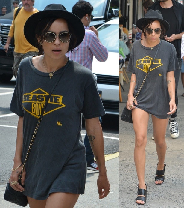 Zoë Kravitz in a long t-shirt over short denim cutoffs in New York City on August 21, 2014