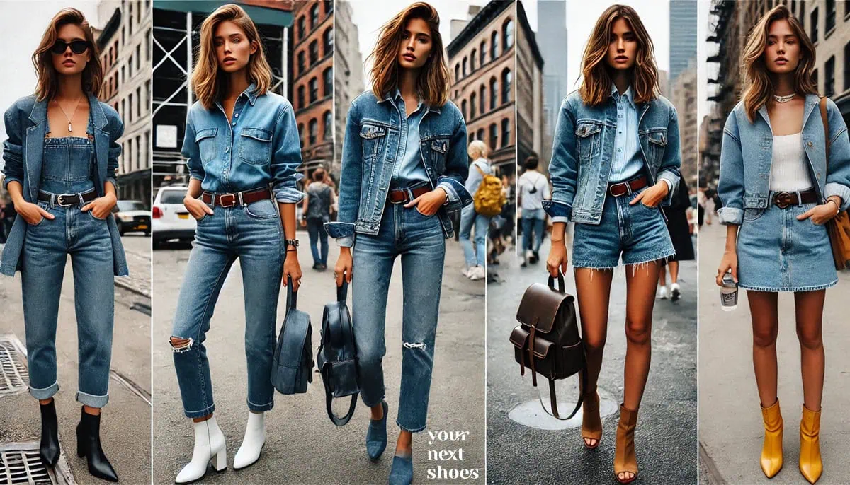 Street style chic: showcasing five versatile double denim outfits, each featuring different combinations of denim jackets, jeans, skirts, and stylish ankle boots