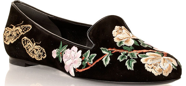 Alexander McQueen Floral-Embroidered Black Suede Flats
