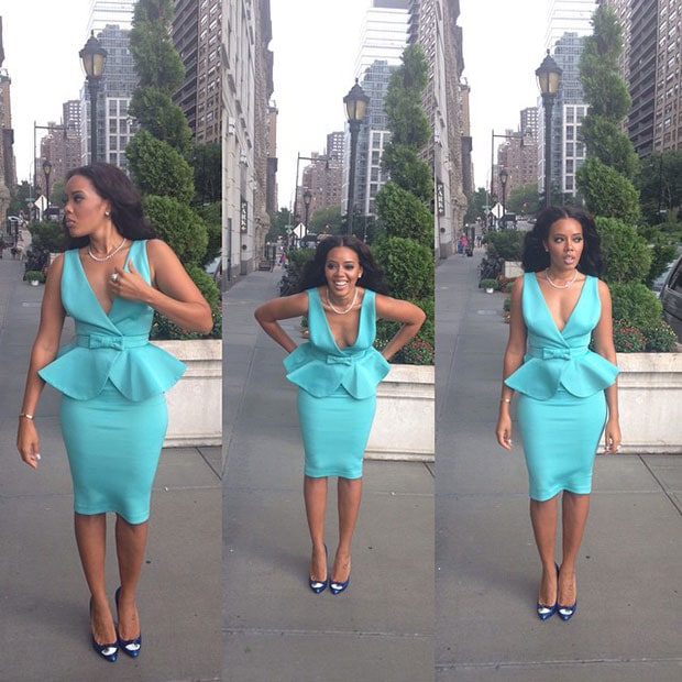 Angela Simmons wearing a Clan Diaries dress while arriving for the Art Hearts fashion show