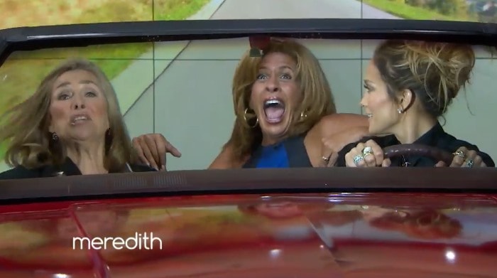 Jennifer Lopez joins Meredith Vieira and Hoda Kotb for a playful “Car-aoke” segment during the taping of The Meredith Vieira Show in New York City