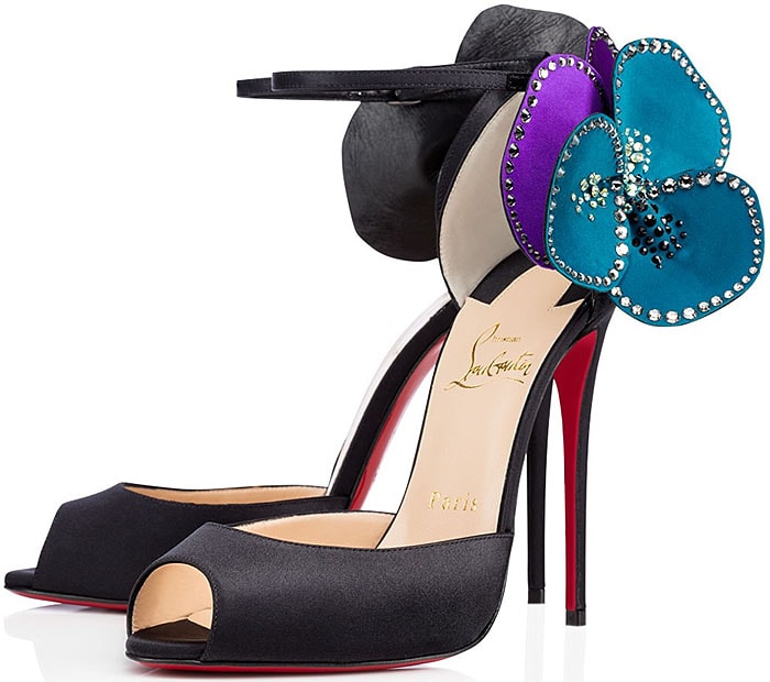 Christian Louboutin "Pensamoi" Rose Ankle-Strap Sandals in Black Satin