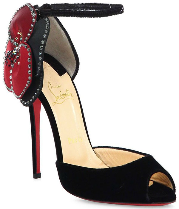 Christian Louboutin "Pensamoi" Rose Ankle-Strap Sandals in Black Velour