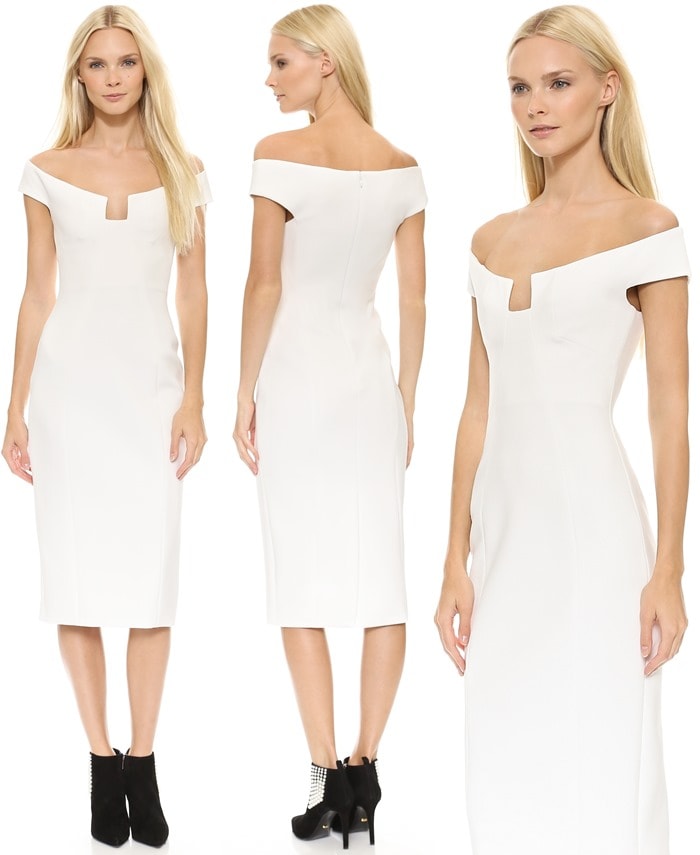 The Cushnie et Ochs white sheath is shown from multiple angles, highlighting its sculptural neckline and clean, body-skimming silhouette designed to let styling details do the work