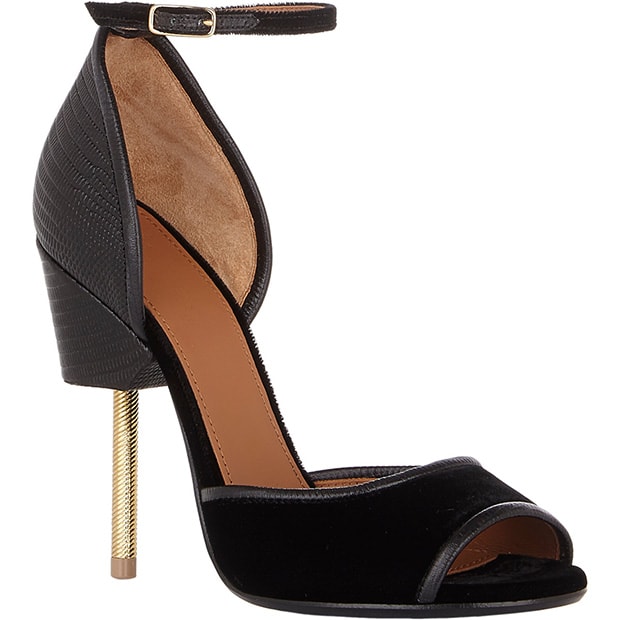 A pair of Givenchy 'Matilda' sandals in black lizard-effect leather and velvet, featuring a distinctive brass-tone, screw-debossed heel