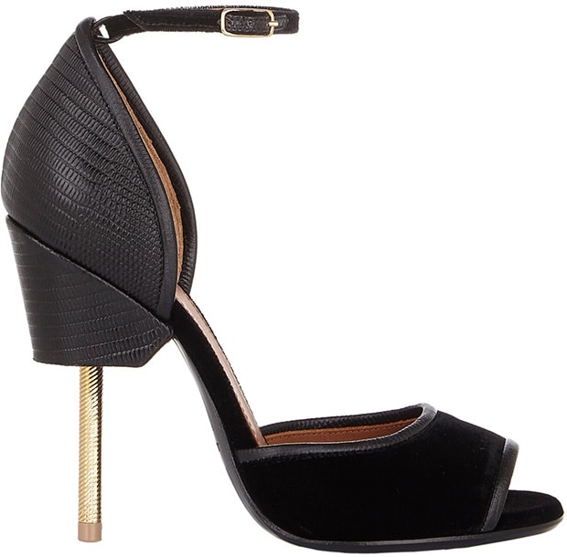Givenchy’s ‘Matilda’ sandals elevate any look with luxe black velvet, lizard-effect leather, and a sleek gold screw-debossed heel
