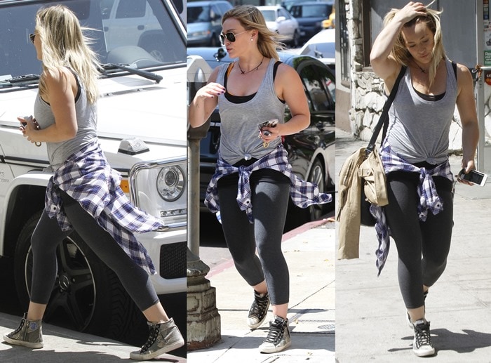 Hilary Duff styled cropped charcoal leggings with a plaid white-and-purple shirt by Rails Hunter