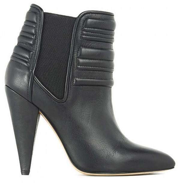 Rendered in black leather, the IRO “Klara” bootie highlights the brand’s signature ribbed ankle padding and dramatic cone-shaped heel for a sleek, edgy profile