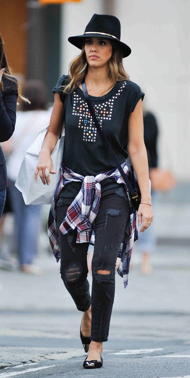 Jessica Alba wearing a Janessa Leone Stephen hat and a Current/Elliott x REVOLVE The Crew Neck