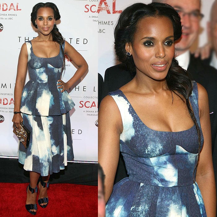 Kerry Washington at The Limited Collection inspired by Scandal launch event, showcasing a Giles Deacon Resort 2015 peplum dress and dainty Roger Vivier bow sandals