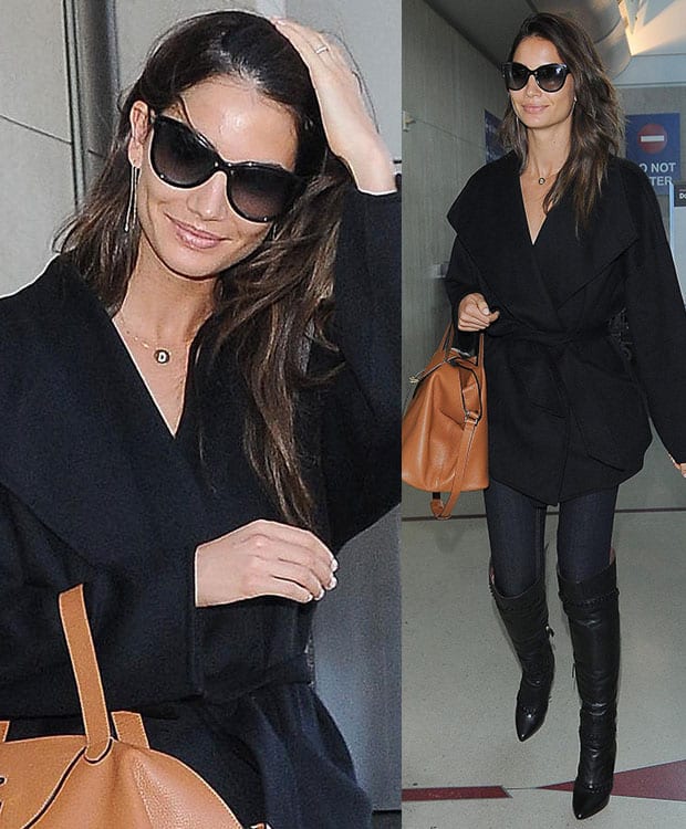 Lily Aldridge wears Jennifer Meyer's yellow gold diamond D pendant necklace at Los Angeles International Airport