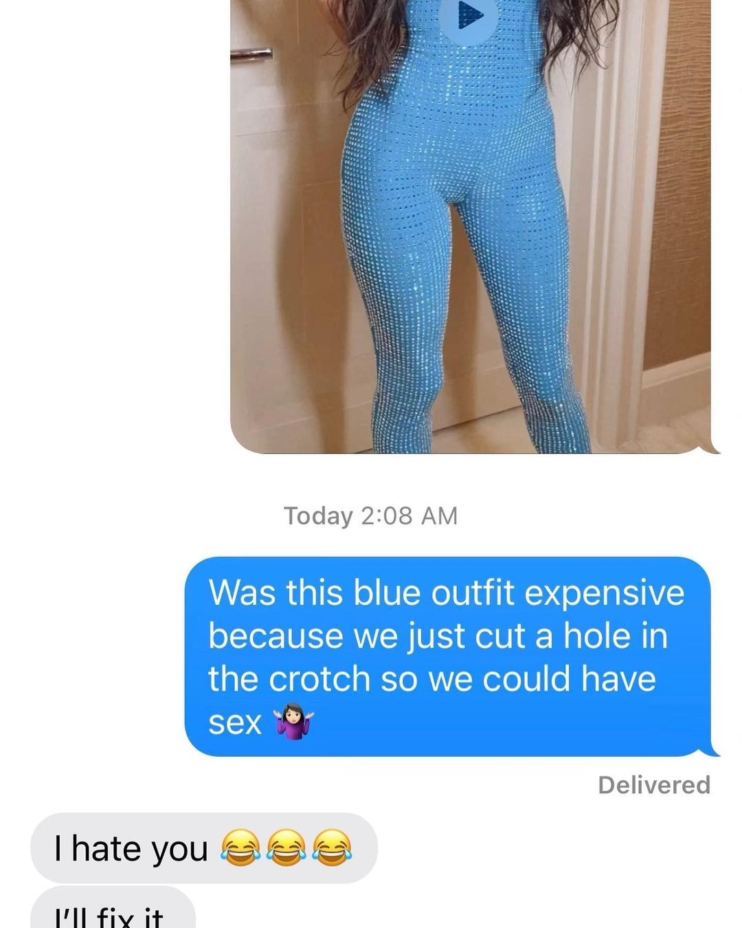 Megan Fox shared a cheeky text exchange revealing she cut a hole in her sparkling blue jumpsuit, playfully joking with her stylist about the impromptu alteration involving Machine Gun Kelly