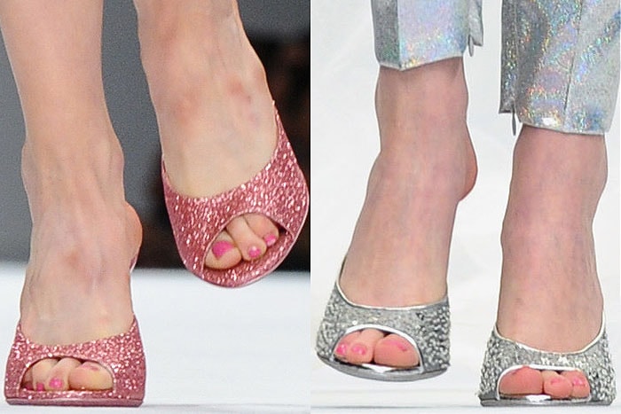 A detailed look at the glittery pink and silver mules featured in Moschino's Spring 2015 Barbie-inspired collection