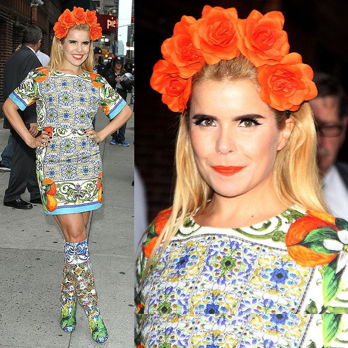 Paloma Faith's short-sleeve top and miniskirt are a mix of blue ceramic tiles and orange prints