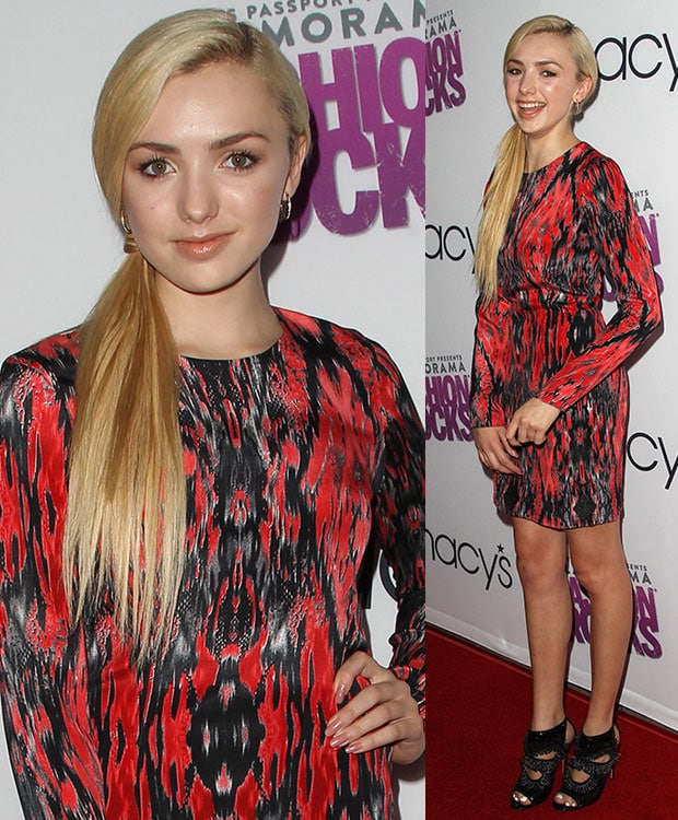 Peyton List flaunts her hot legs in a long-sleeved snake-effect mini dress