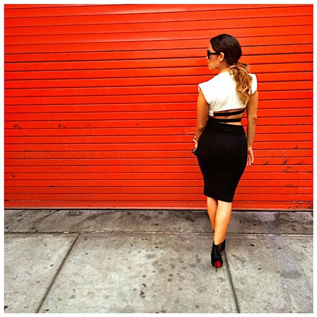 Rocsi Diaz in a black-and-white Barbara Bui dress featuring cutout details at the sides and back
