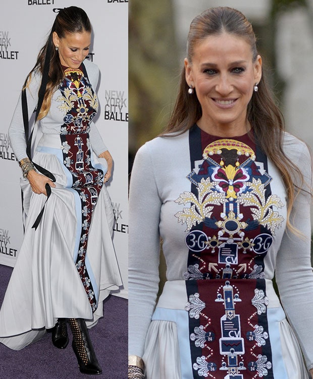 Sarah Jessica Parker's hair was simply done and tied with a long black ribbon in a half-up, half-down style