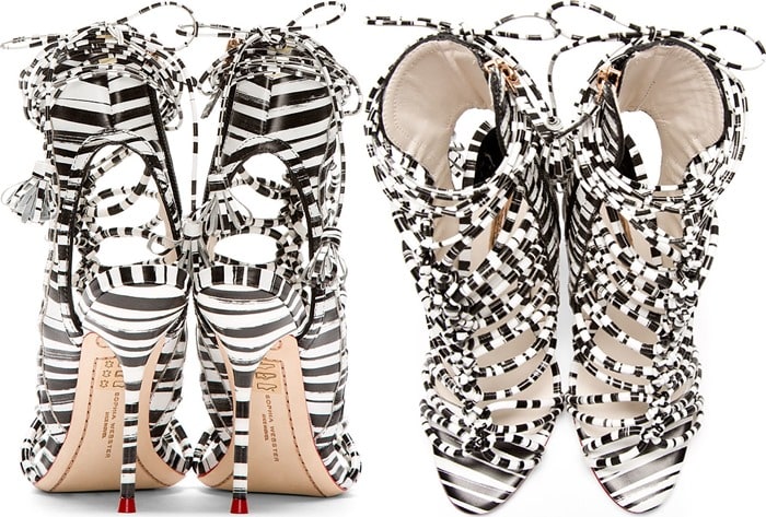 Sophia Webster Black and White Striped Lacey Gladiator Front Back
