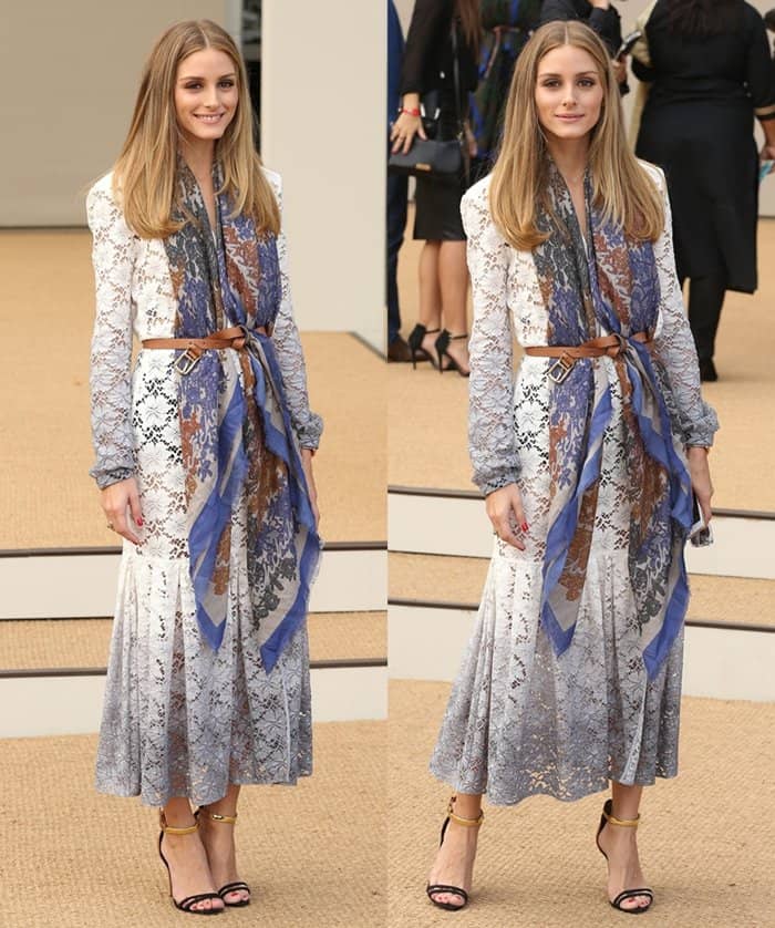 Olivia Palermo styled her Burberry Resort 2015 dress with a Carolina Herrera scarf and a brown Max Co. belt at the Peter Pilotto runway show