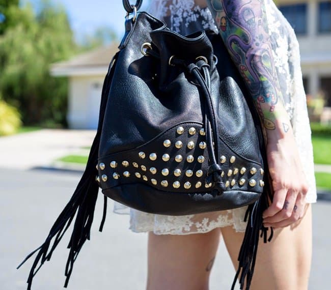 Brittany's studded and fringed bucket bag