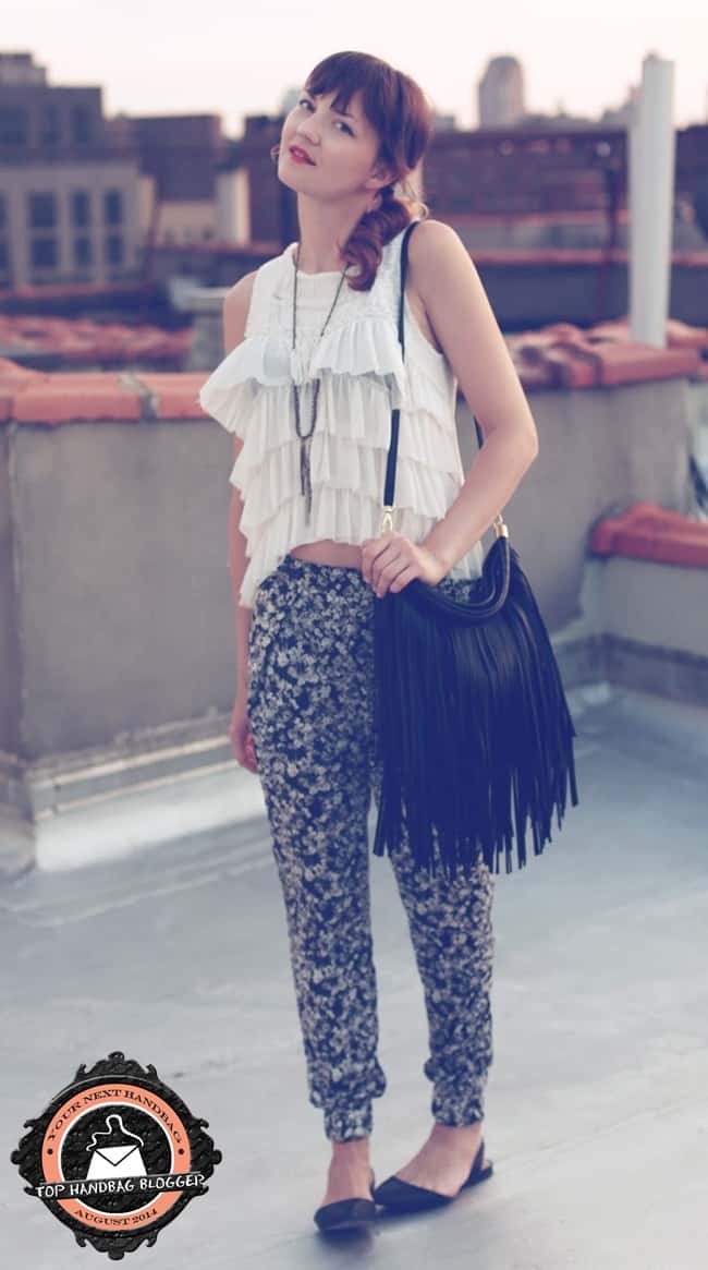 Veronica styled her floral-print pants with a ruffled top