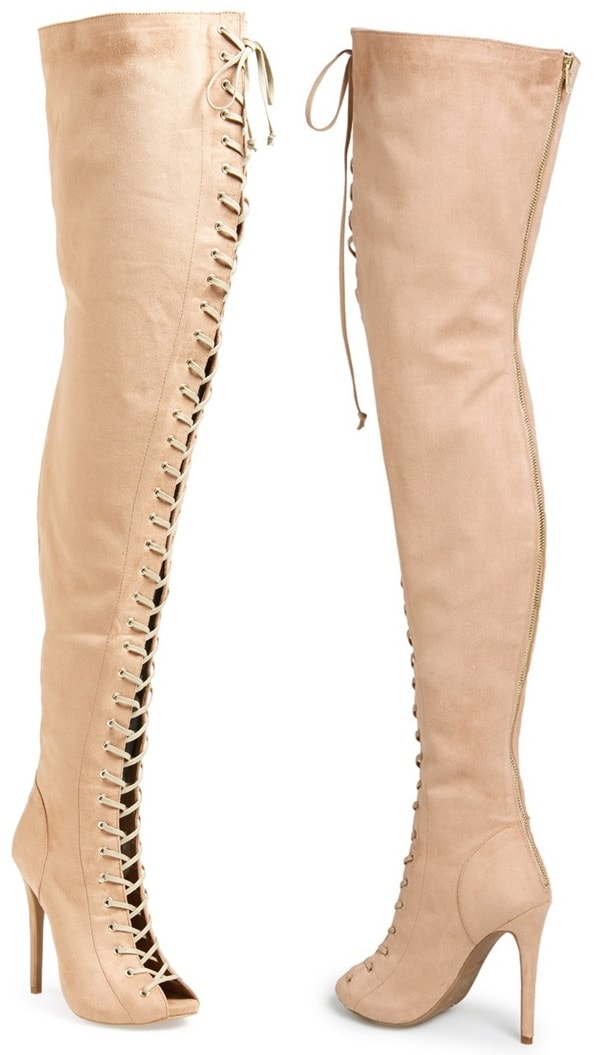 Push boundaries in a stretchy, suede boot that stretches to your thigh and fits perfectly thanks to adjustable laces crisscrossing the open front all the way up
