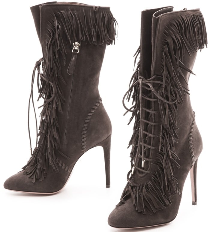 Aquazzura Gray Carly Fringe Boots - Smoke