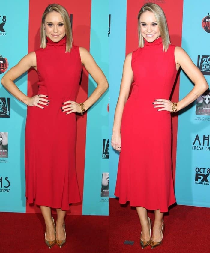 Becca Tobin completes her streamlined red midi dress with classic pointed-toe pumps in a warm neutral tone, adding polish without distracting from the clean silhouette