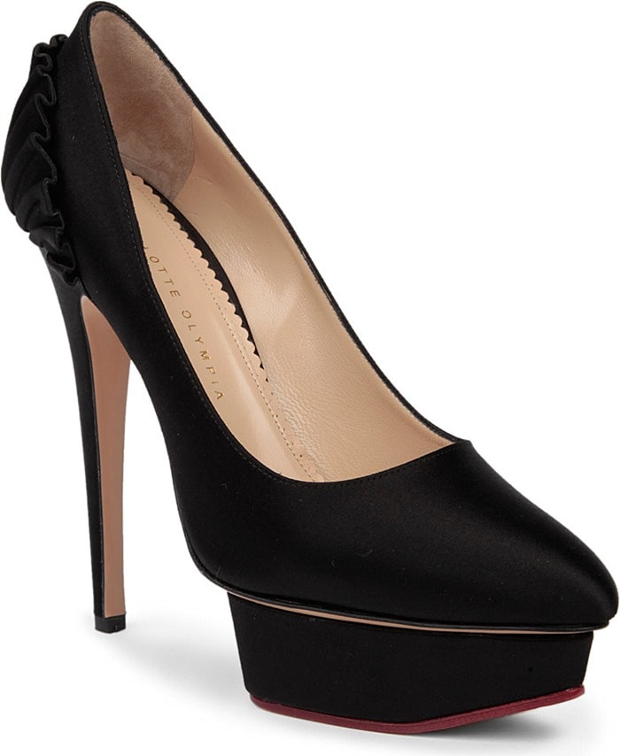Charlotte Olympia “Paloma” black satin platform pumps with ruffled heel detail and signature gold spider-web sole
